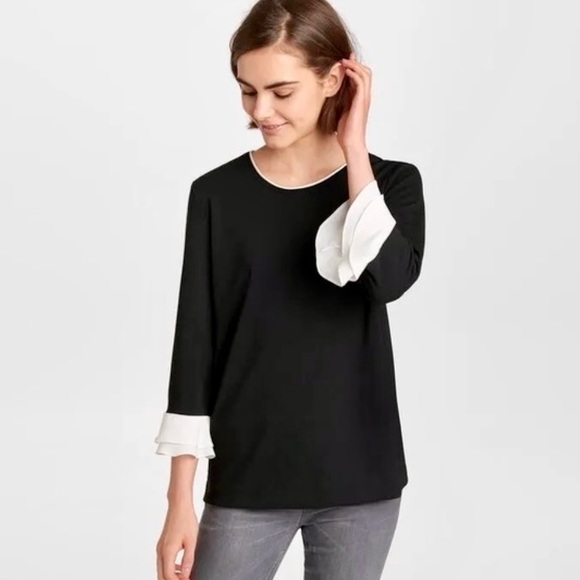 NWOT Karl Lagerfeld Paris Black Ivory Piping Flutter Sleeve Top - Picture 1 of 7